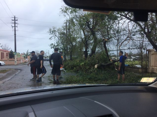 JĂłvenes retiran escombros y ramas de la carretera cerca de la casa de Santiago. (Foto cortesĂa de Ruth Santiago)